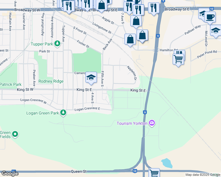 map of restaurants, bars, coffee shops, grocery stores, and more near 192 Manitoba Avenue in Yorkton