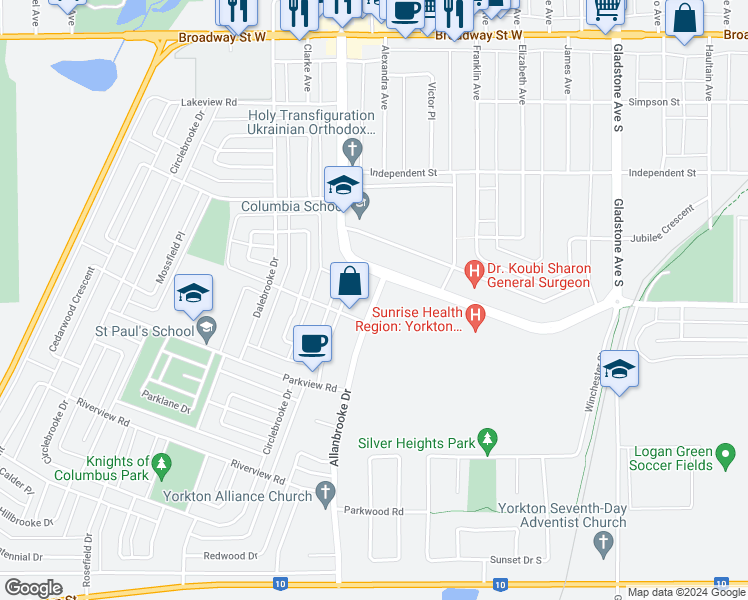 map of restaurants, bars, coffee shops, grocery stores, and more near 355 Northview Road in Yorkton