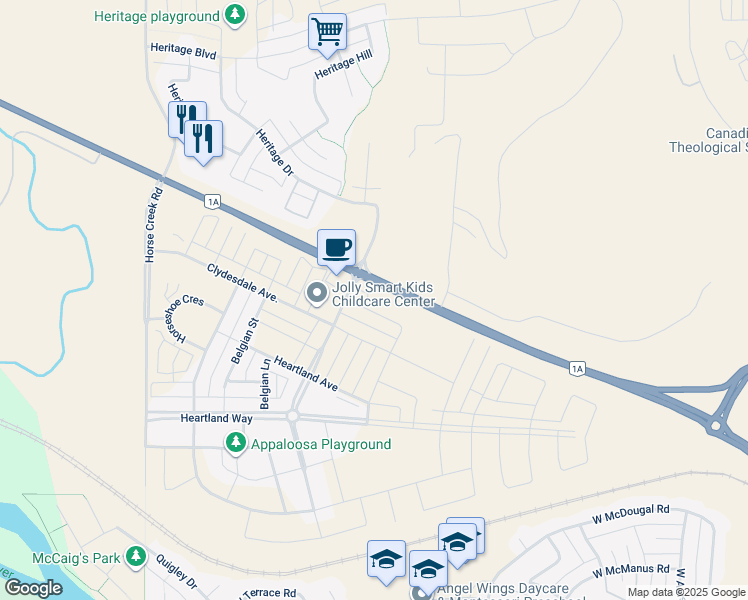 map of restaurants, bars, coffee shops, grocery stores, and more near 313 Heartland Crescent in Cochrane