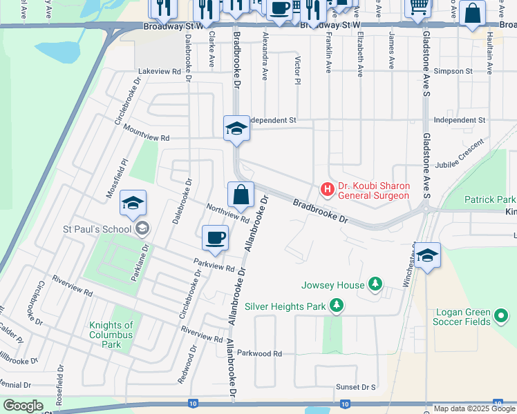 map of restaurants, bars, coffee shops, grocery stores, and more near 355 Northview Road in Yorkton