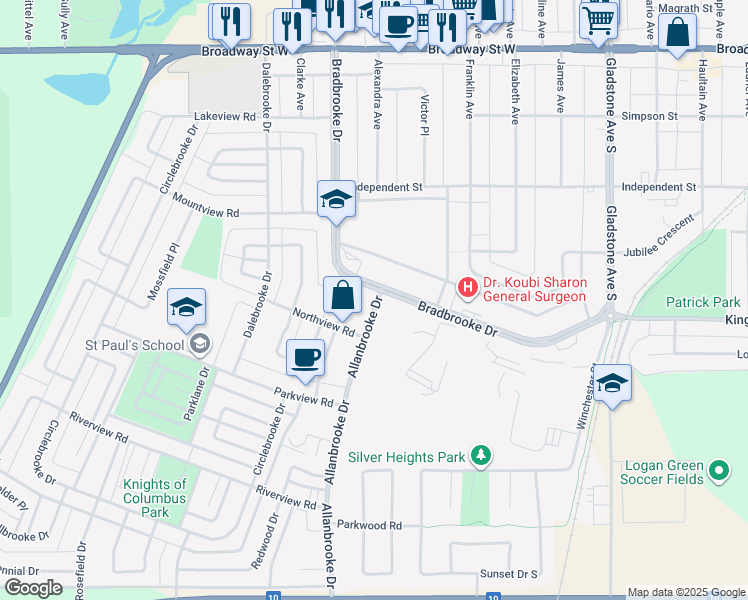 map of restaurants, bars, coffee shops, grocery stores, and more near 353 Bradbrooke Drive in Yorkton