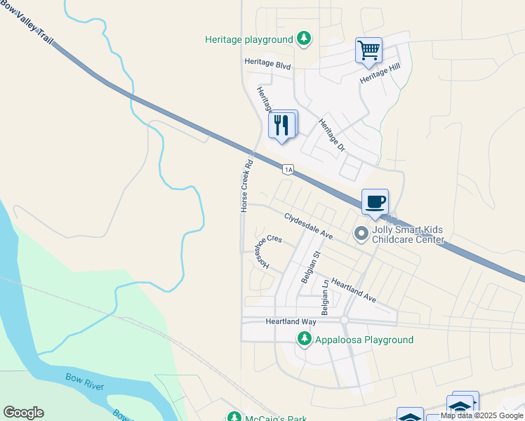 map of restaurants, bars, coffee shops, grocery stores, and more near 101 Clydesdale Way in Cochrane
