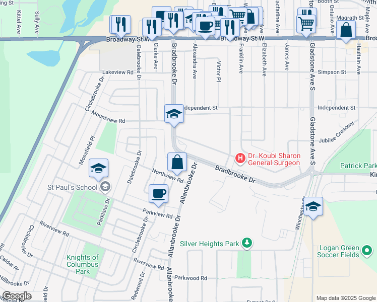 map of restaurants, bars, coffee shops, grocery stores, and more near 353 Bradbrooke Drive in Yorkton