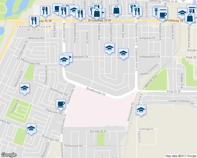 map of restaurants, bars, coffee shops, grocery stores, and more near 146 Franklin Drive in Yorkton