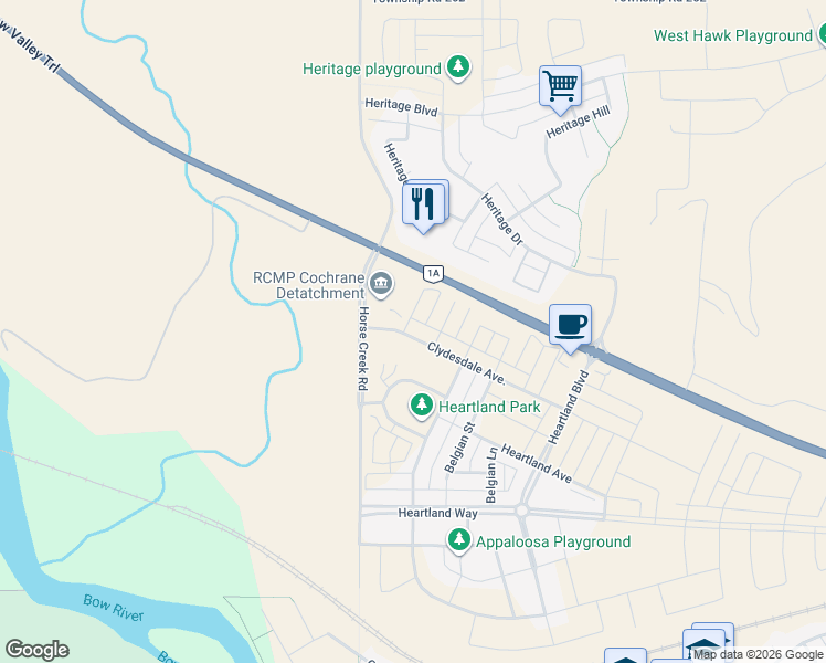 map of restaurants, bars, coffee shops, grocery stores, and more near 101 Clydesdale Way in Cochrane