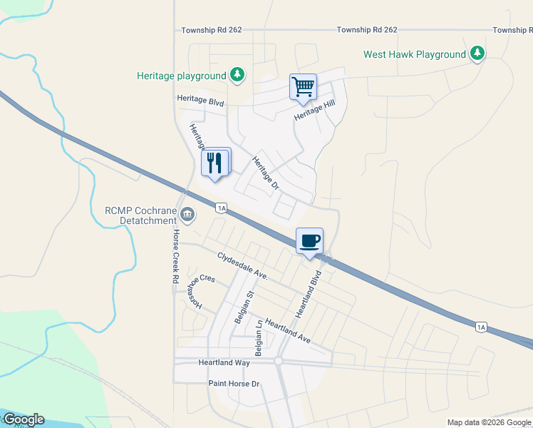 map of restaurants, bars, coffee shops, grocery stores, and more near 28 Heritage Drive in Cochrane