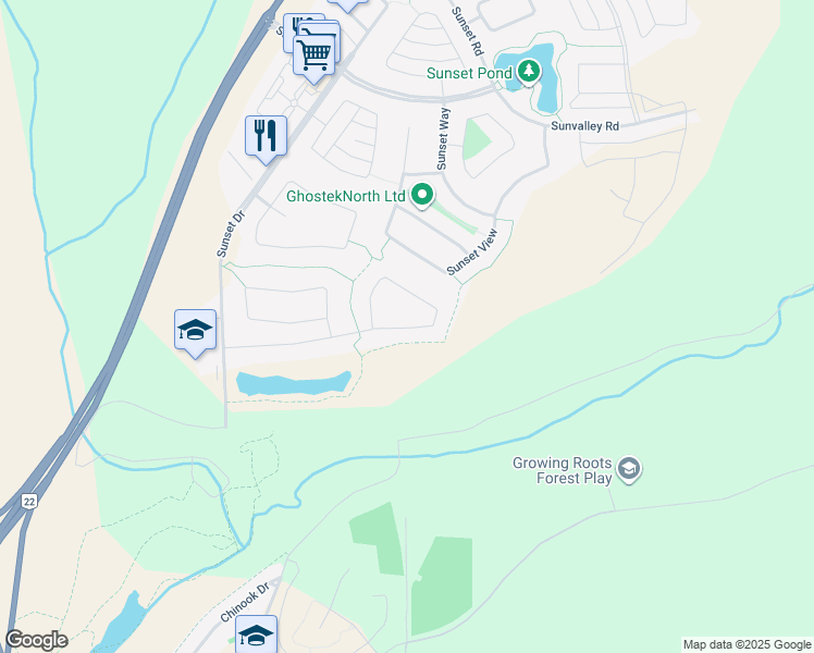 map of restaurants, bars, coffee shops, grocery stores, and more near 156 Sunset Point in Cochrane