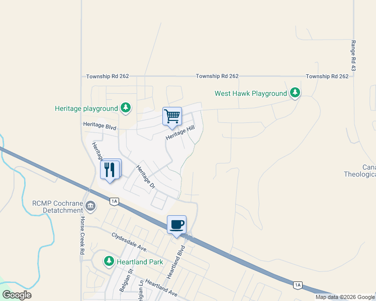 map of restaurants, bars, coffee shops, grocery stores, and more near 40 Heritage Green in Cochrane