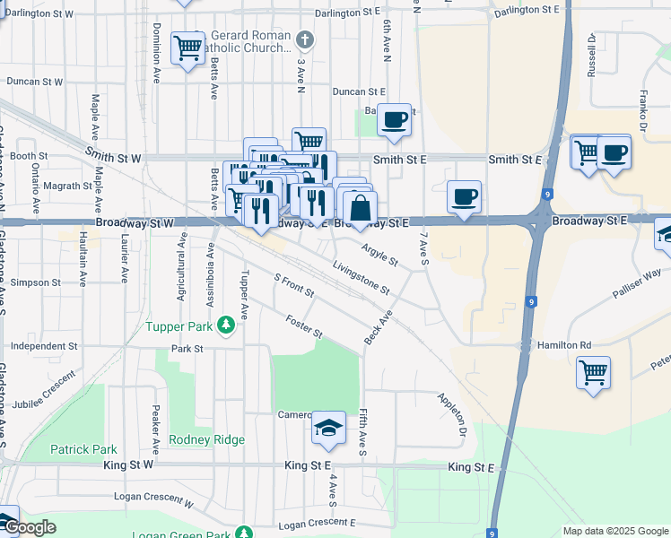 map of restaurants, bars, coffee shops, grocery stores, and more near 50 Livingstone Street in Yorkton