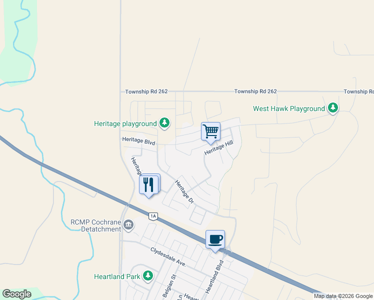 map of restaurants, bars, coffee shops, grocery stores, and more near 52A Heritage Hill in Cochrane