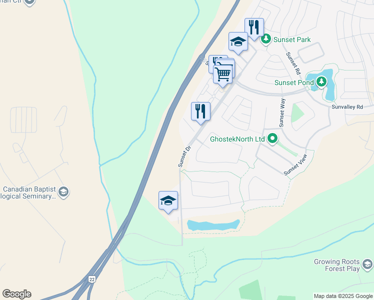 map of restaurants, bars, coffee shops, grocery stores, and more near Sunset Drive in Cochrane