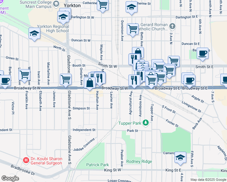 map of restaurants, bars, coffee shops, grocery stores, and more near 5 Laurier Avenue in Yorkton
