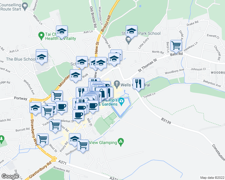 map of restaurants, bars, coffee shops, grocery stores, and more near Cathedral Green in Wells