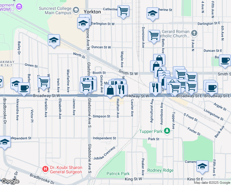 map of restaurants, bars, coffee shops, grocery stores, and more near 123 Broadway Street West in Yorkton