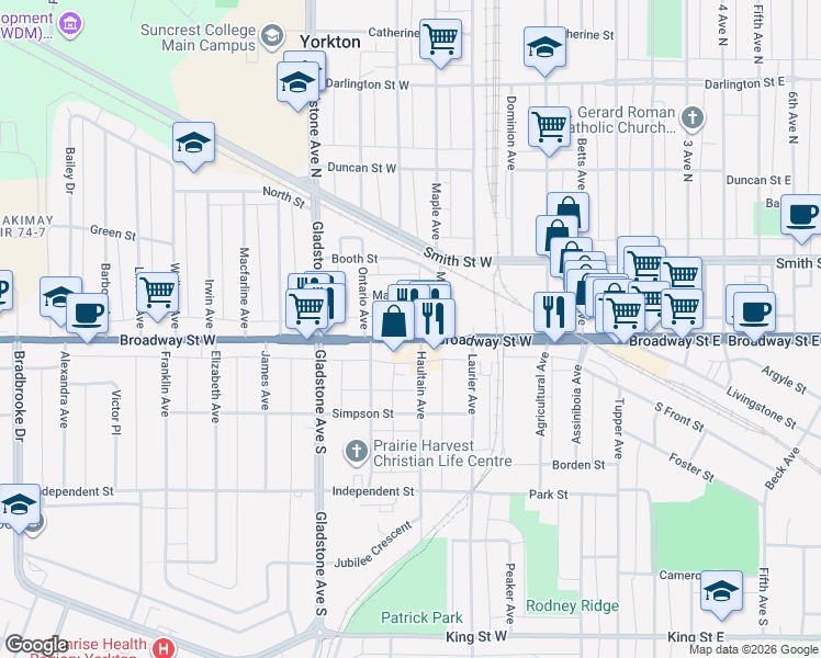 map of restaurants, bars, coffee shops, grocery stores, and more near 123 Broadway Street West in Yorkton