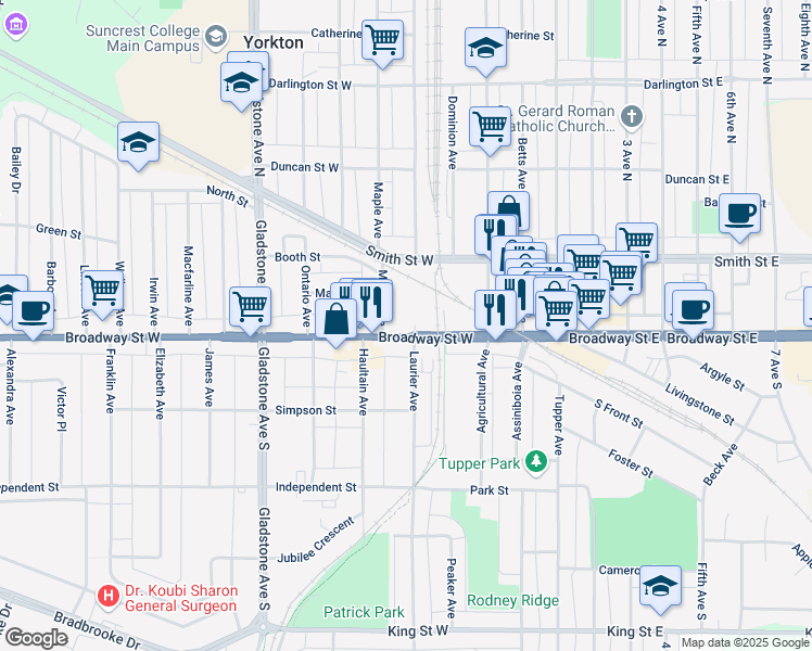 map of restaurants, bars, coffee shops, grocery stores, and more near 5 Laurier Avenue in Yorkton