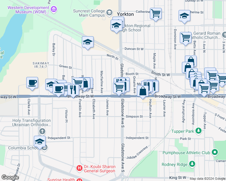 map of restaurants, bars, coffee shops, grocery stores, and more near 11 Reaman Avenue in Yorkton