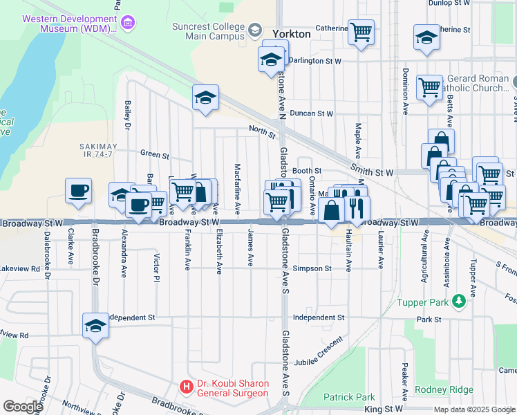 map of restaurants, bars, coffee shops, grocery stores, and more near 12 Reaman Avenue in Yorkton