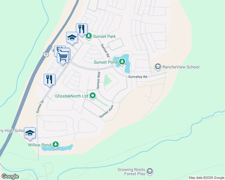 map of restaurants, bars, coffee shops, grocery stores, and more near 256 Sunset View in Cochrane