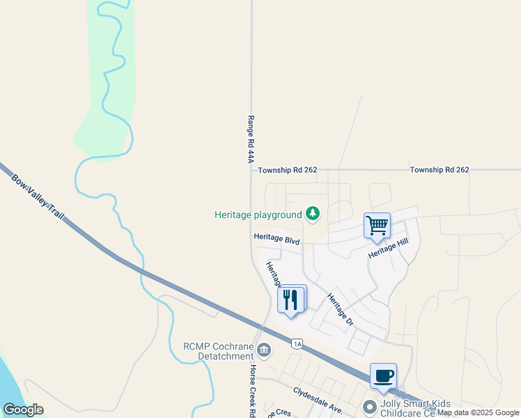 map of restaurants, bars, coffee shops, grocery stores, and more near in Cochrane