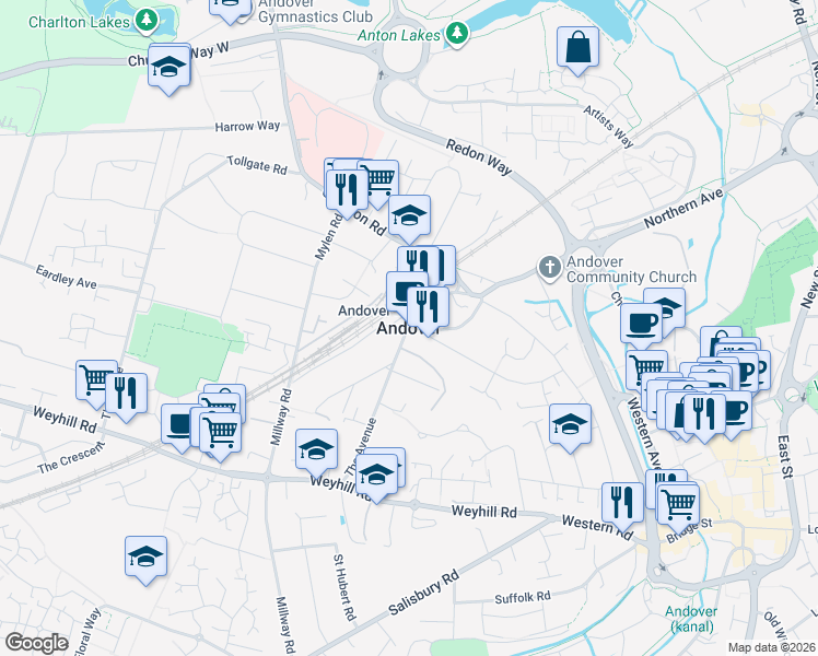 map of restaurants, bars, coffee shops, grocery stores, and more near in Andover