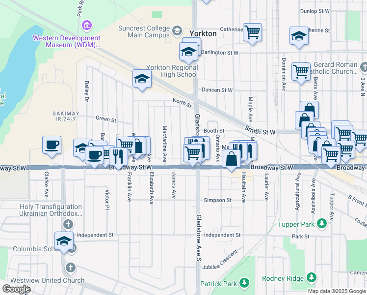 map of restaurants, bars, coffee shops, grocery stores, and more near 23 Reaman Avenue in Yorkton