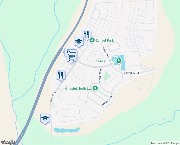 map of restaurants, bars, coffee shops, grocery stores, and more near 51 Sunset Court in Cochrane