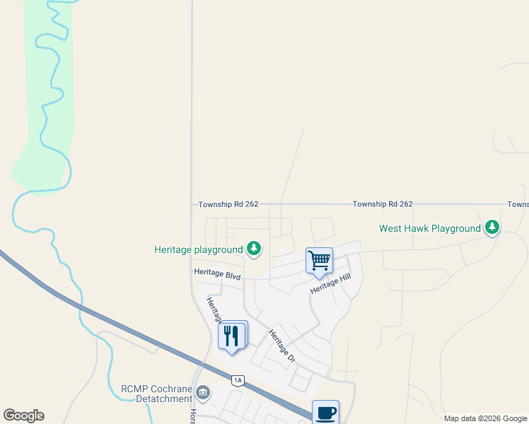 map of restaurants, bars, coffee shops, grocery stores, and more near Township Road 262 in Cochrane