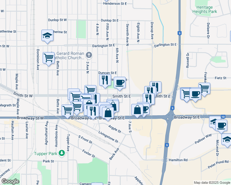 map of restaurants, bars, coffee shops, grocery stores, and more near 97 Smith Street East in Yorkton