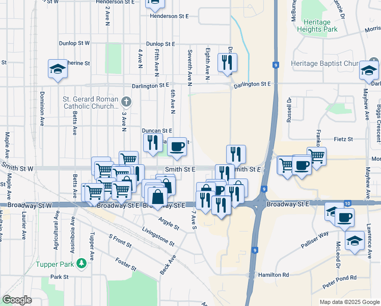 map of restaurants, bars, coffee shops, grocery stores, and more near 70 Seventh Avenue North in Yorkton