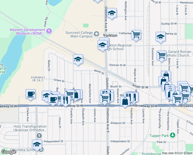 map of restaurants, bars, coffee shops, grocery stores, and more near 78 Reaman Avenue in Yorkton