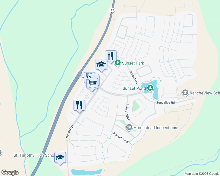 map of restaurants, bars, coffee shops, grocery stores, and more near 277 Sunset Common in Cochrane