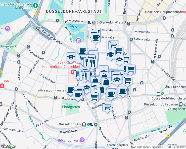 map of restaurants, bars, coffee shops, grocery stores, and more near 56 Friedrichstraße in Dusseldorf