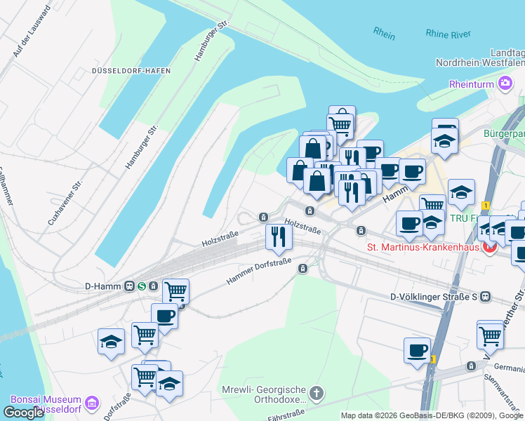 map of restaurants, bars, coffee shops, grocery stores, and more near 5-7 Kesselstraße in Düsseldorf