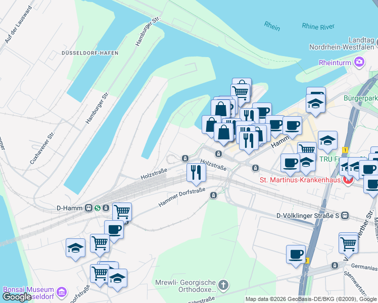 map of restaurants, bars, coffee shops, grocery stores, and more near 5-7 Kesselstraße in Düsseldorf
