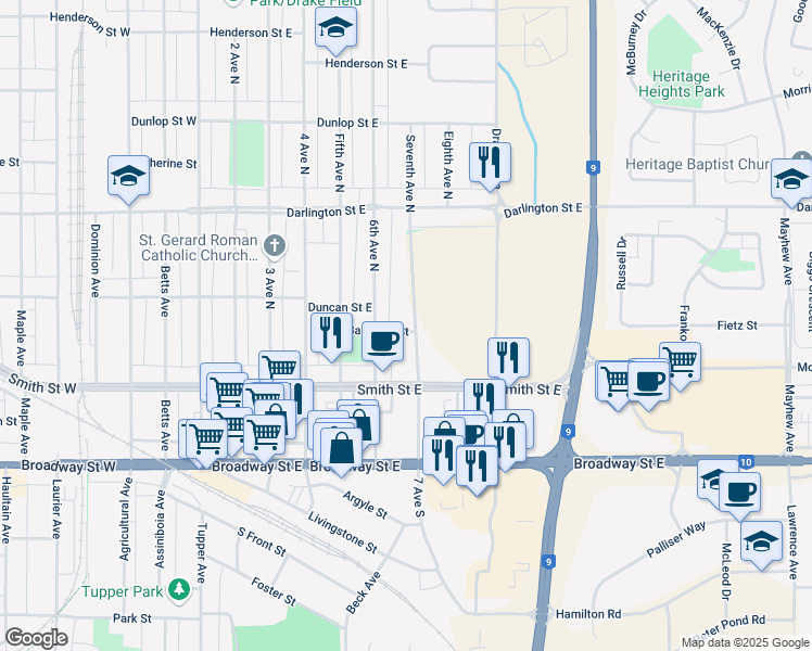 map of restaurants, bars, coffee shops, grocery stores, and more near 70 Seventh Avenue North in Yorkton