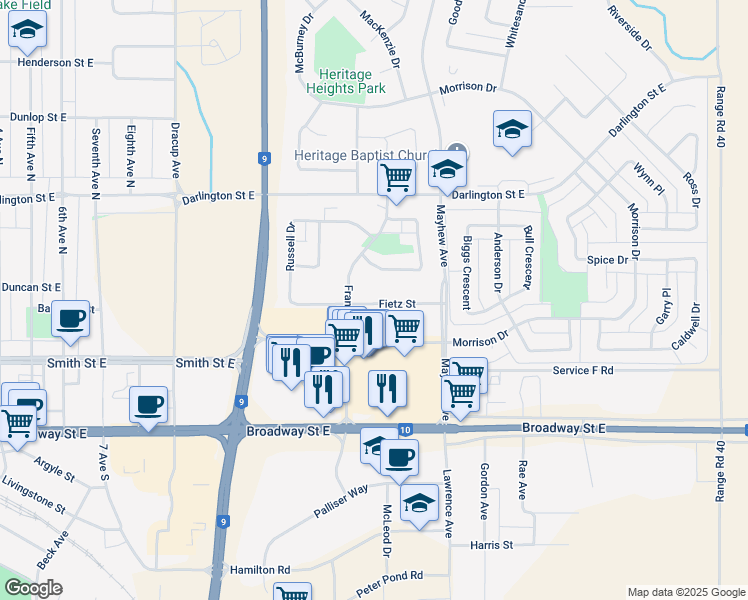map of restaurants, bars, coffee shops, grocery stores, and more near 289 Fietz Street in Yorkton