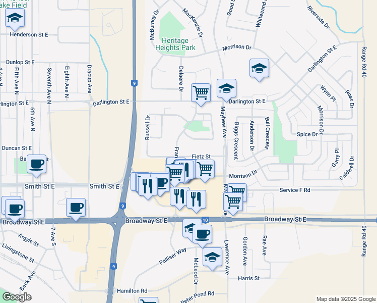 map of restaurants, bars, coffee shops, grocery stores, and more near 289 Fietz Street in Yorkton