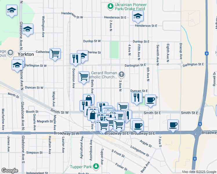 map of restaurants, bars, coffee shops, grocery stores, and more near 9 Duncan Street East in Yorkton