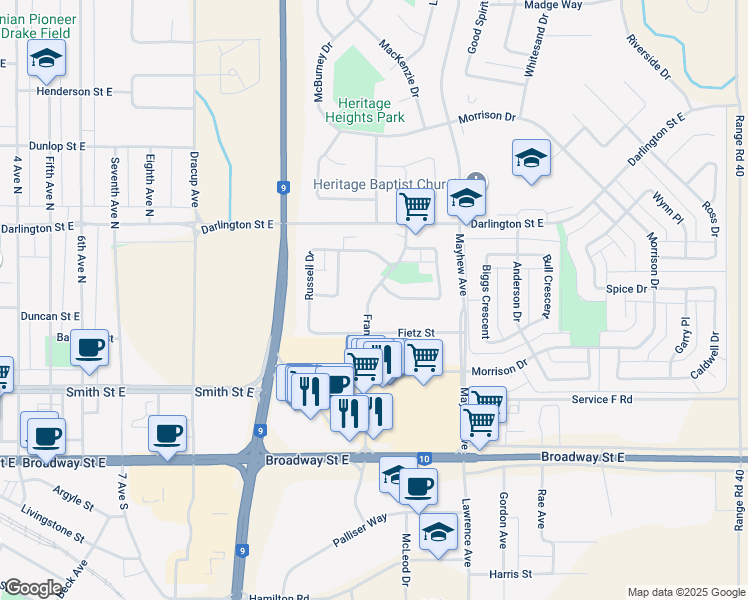 map of restaurants, bars, coffee shops, grocery stores, and more near 22 Erichsen Place in Yorkton