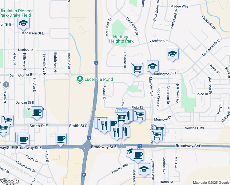map of restaurants, bars, coffee shops, grocery stores, and more near 22 Erichsen Place in Yorkton