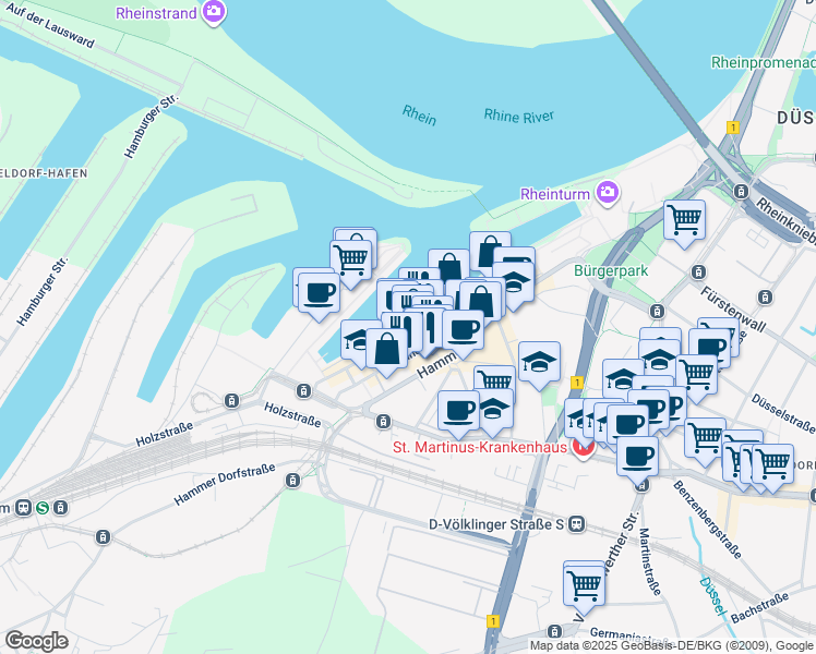 map of restaurants, bars, coffee shops, grocery stores, and more near 21 Am Handelshafen in Düsseldorf