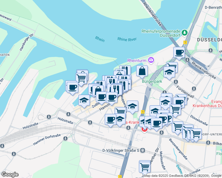 map of restaurants, bars, coffee shops, grocery stores, and more near 21 Am Handelshafen in Düsseldorf