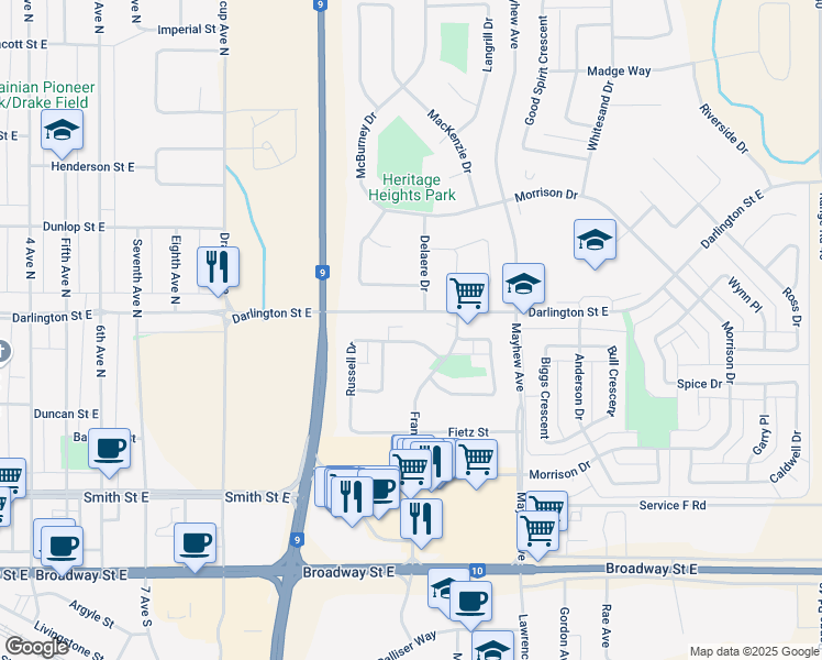 map of restaurants, bars, coffee shops, grocery stores, and more near 94 Russell Drive in Yorkton