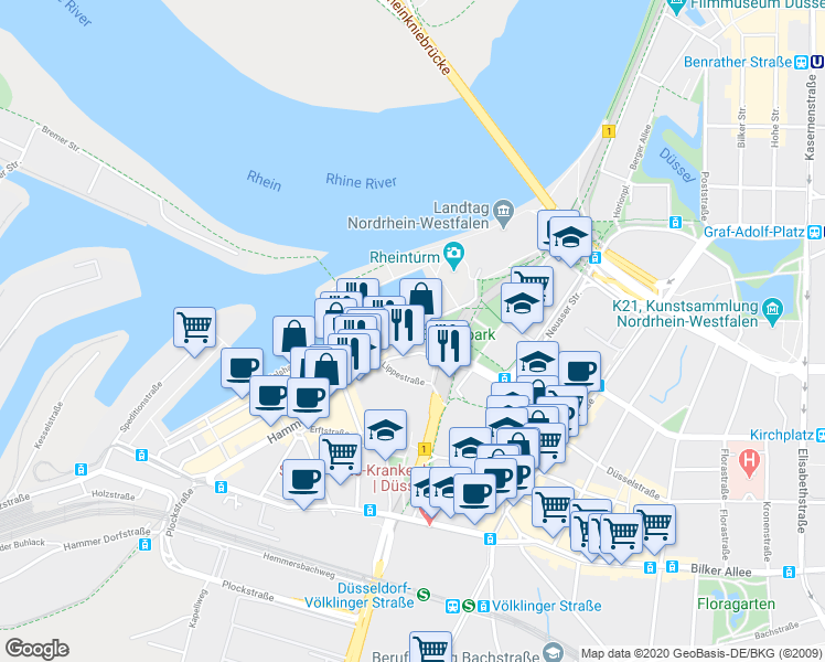 map of restaurants, bars, coffee shops, grocery stores, and more near Stromstraße in Dusseldorf