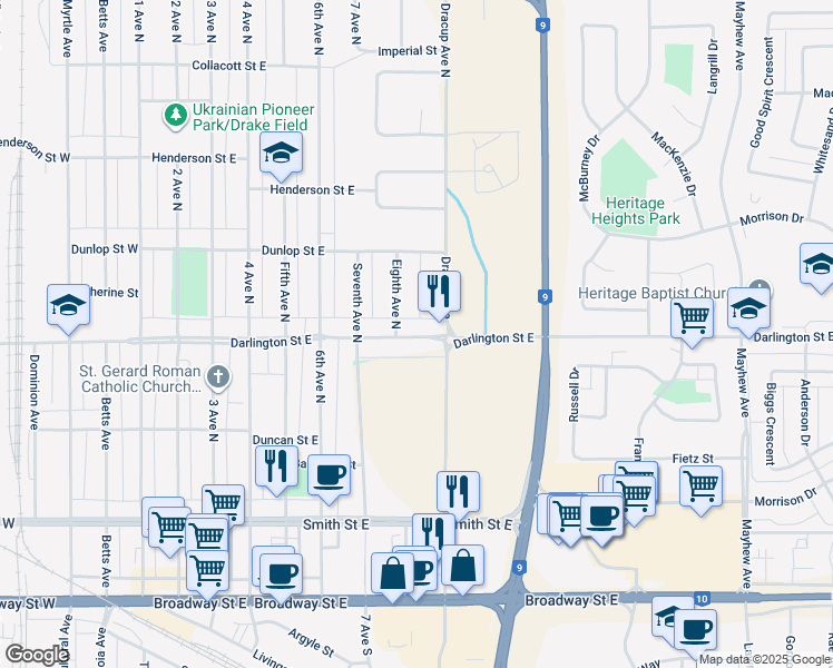 map of restaurants, bars, coffee shops, grocery stores, and more near 173 Darlington Street East in Yorkton