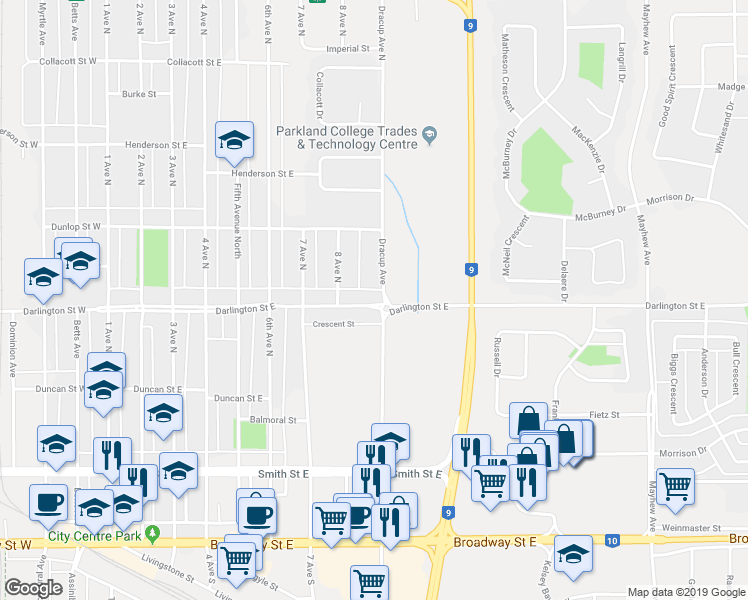 map of restaurants, bars, coffee shops, grocery stores, and more near 173 Darlington Street East in Yorkton
