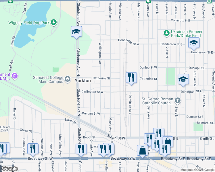 map of restaurants, bars, coffee shops, grocery stores, and more near 197 Wellington Avenue in Yorkton