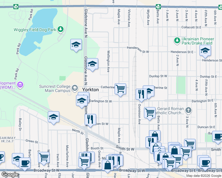map of restaurants, bars, coffee shops, grocery stores, and more near 197 Wellington Avenue in Yorkton