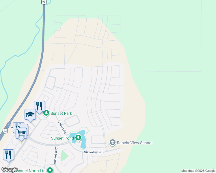 map of restaurants, bars, coffee shops, grocery stores, and more near 51 Sundown Place in Cochrane